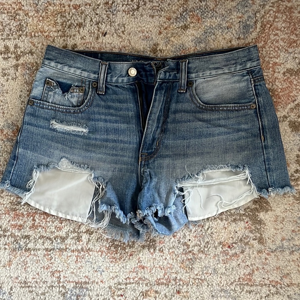 American eagle distressed high rise shorts.
